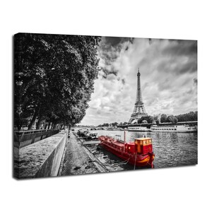 Eiffel Tower Canvas Wall Art Over Seine River with Red Boat Decor, Paris Fine Art Photography Modern Artwork for Living Room Decor