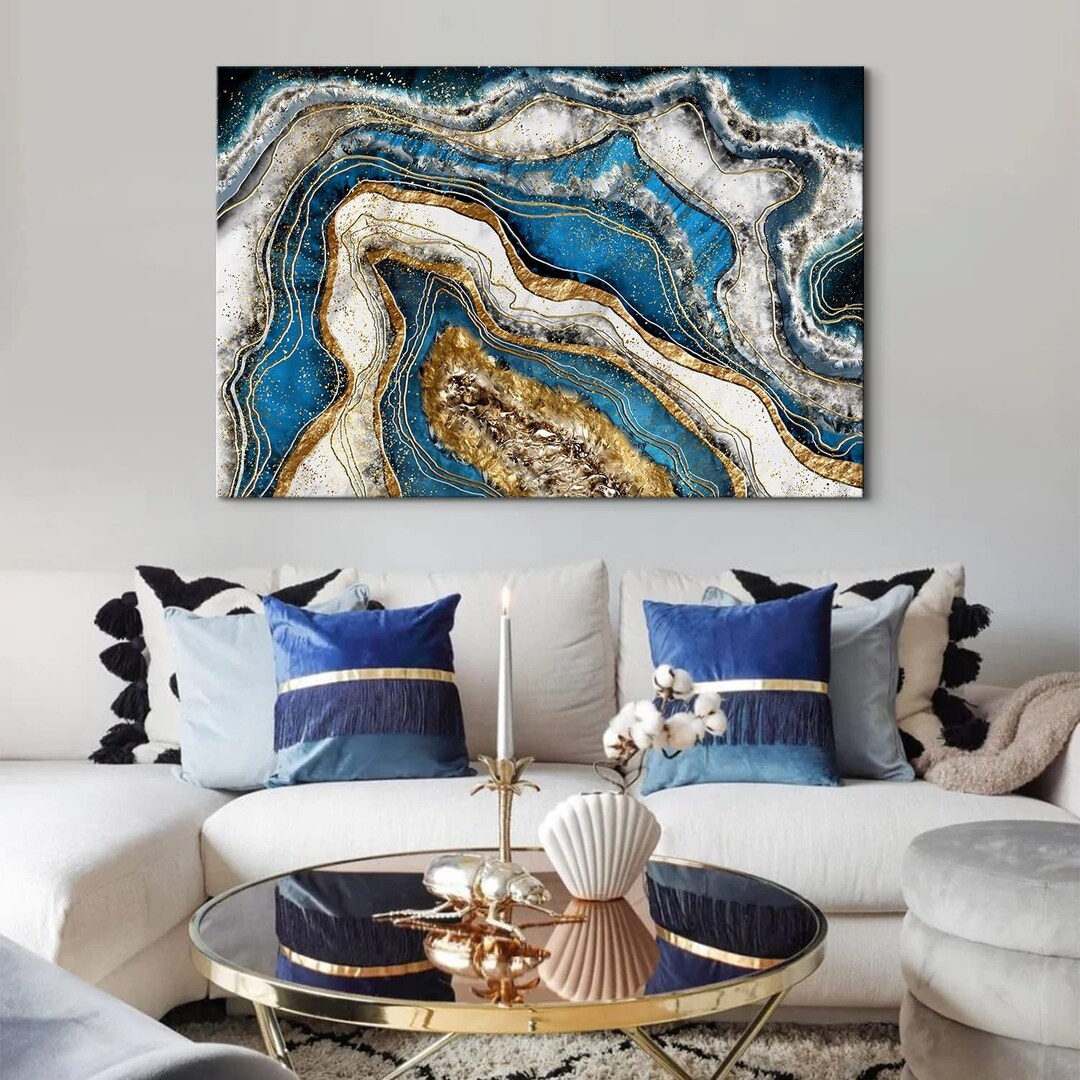 Blue and Gold Abstract Canvas Wall Art Marble Texture Pictures Wall