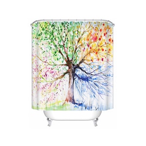 Colorful Tree Shower Curtains Watercolor Tree Painting Bathroom Decor Waterproof Polyester Fabric Shower Curtain