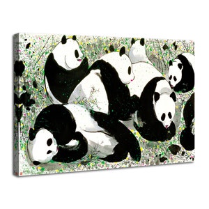 Chinese Traditional Ink Painting Canvas Wall Art, Hand-Painted Pandas Painting Reproduction by Wu Guanzhong, Vintage Chinese Fine Art Print