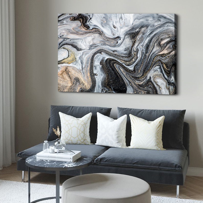 Abstract Black Gold Marble Wall Art Large Watercolor Grey Fluid Canvas