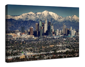Los Angeles Skyline Wall Art, California Snow Mountains Scenery Pictures LA Cityscape Posters City Panoramic Canvas Prints Living Room Decor