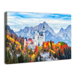 Neuschwanstein Castle Canvas Wall Art Autumn Forest Scenery Wall Decor Vintage Castle Photography Paintings Medieval Artwork Home Decor