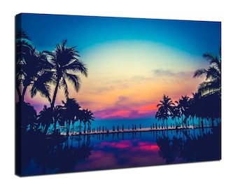 Beach Canvas Wall Art Sunset Palm Tree Poster Tropical Beach Photos Painting Summer Landscape Pictures Ocean Scenery Wall Art Home Decor