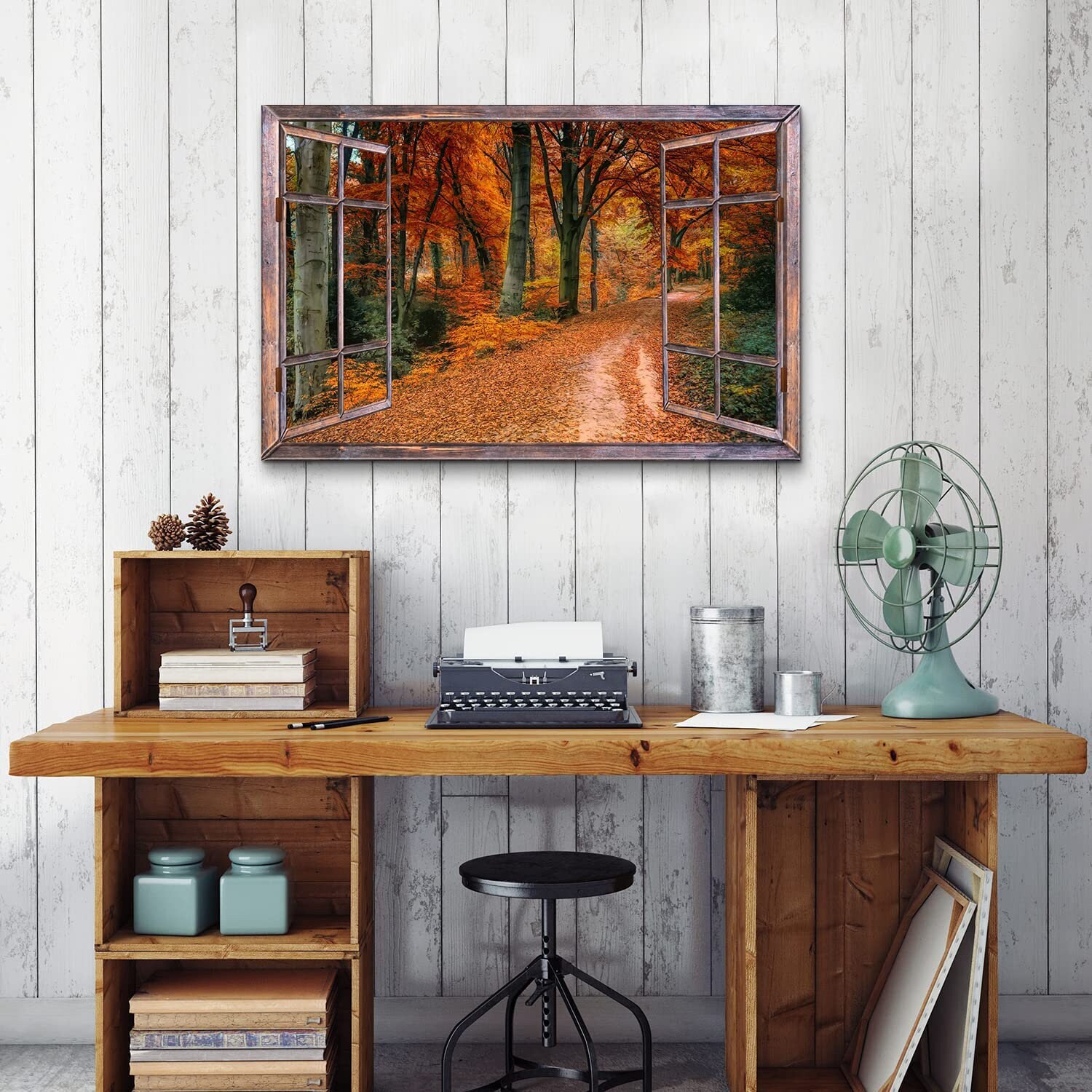 Autumn Forest Canvas Wall Art Window View Fall Trees Path Scenic Prints ...