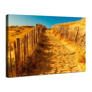 Coastal Beach Canvas Wall Art Sunset Seaside Path Landscape Wall Decor Wood Fence Post Modern Summer Ocean Artwork