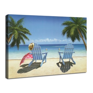 Summer Beach Wall Art Beach Chairs with Palm Tree Wall Decor Hand-Painted Style Ocean Beach Painting for Living Room Bedroom Home Decor