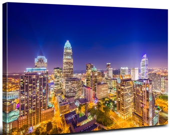 Charlotte Skyline Canvas Wall Art Night City Panoramic Landscape Poster North Carolina Cityscape Prints Pictures Modern Living Room Decor