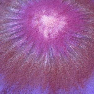 Puede incluir: Una pieza textil circular de fieltro con aguja que presenta un degradado de colores vibrantes. El centro es de un suave rosa p&aacute;lido que transiciona hacia afuera en tonos magenta, morado intenso y violeta, con una superficie fibrosa y texturizada.