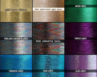 May include: Nine swatches of metallic lurex thread in a grid, showcasing a range of colours. The colours include gold, green, purple, turquoise, blue, and lilac. Each swatch is labelled with its colour and type, such as "gold lurex thread" and "blue lurex".