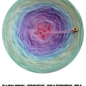 May include: A ball of yarn with a gradient of colors, starting with baby pink, then transitioning to crocus, dragonfly, pea, and finally pistachio.