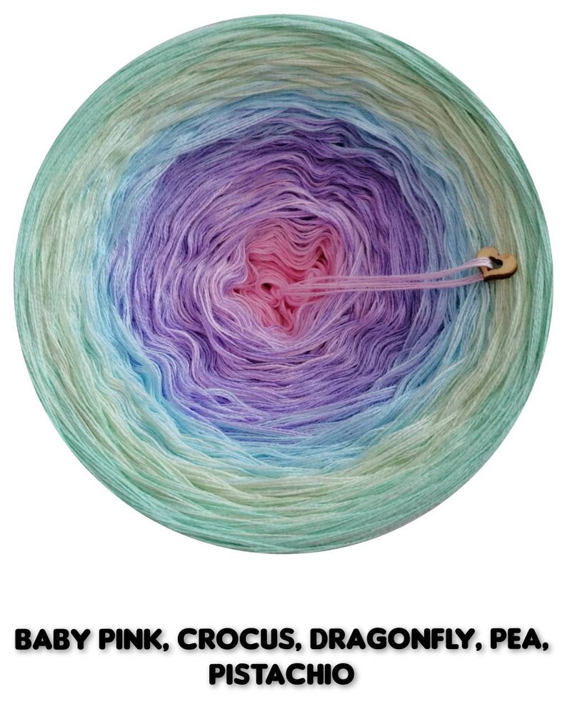 May include: A ball of yarn with a gradient of colors, starting with baby pink, then transitioning to crocus, dragonfly, pea, and finally pistachio.