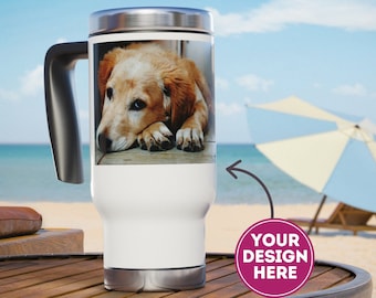 Personalised Travel Mug, 14oz Stainless Steel Custom Travel Mug with Handle, Customize with your Custom Text, Photo, Logo, Graphic, Quote