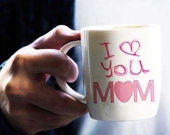 Bedruckte Tasse Becher I love you mom Herz Liebe Mutter Mama Geschenk Keramik 
