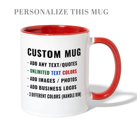 Custom Mugs, Colored Handle Rim, Bulk Wholesale Coffee Cups