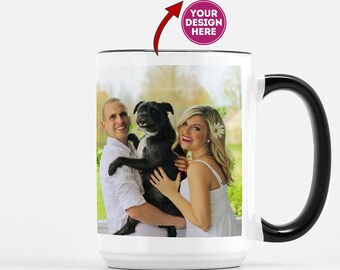 Custom 15Oz Black And White Coffee Mug - Black White Color Accent Mug - White Ceramic Mug 15oz  with Black Color Inside + Black Handle