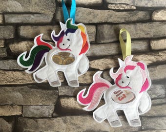 Unicorn treat bag, machine embroidery design, ITH, in the hoop, unicorn, treat bag, money bag, candy holder, money holder, 5x7 hoop