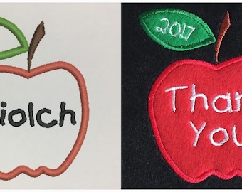 Apple Applique, machine embroidery design, thank you, Diolch, teacher gift, ITH, in the hoop,