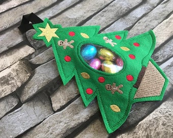 Christmas tree treat bag, machine embroidery design, ITH, in the hoop, embroidery, treat bag, Money bag, candy holder, 5 x 7, christmas tree