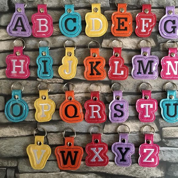 Alphabet key fobs, machine embroidery, ITH, in the hoop, Alphabet, Initials, key fob, key ring, keyring, 4x4 hoop or bigger, initial key fob