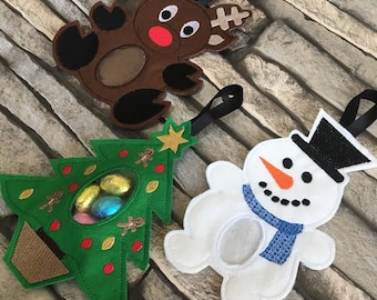 ensemble de sac de friandises de Noël, Broderie à la machine, ITH, dans le cerceau, ensemble de Noël, renne, bonhomme de neige, arbre de Noël, porte-friandises, 5 x 7