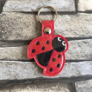 Può includere: Un portachiavi a forma di coccinella rossa con macchie nere e occhi bianchi. La coccinella è attaccata a un portachiavi argentato.