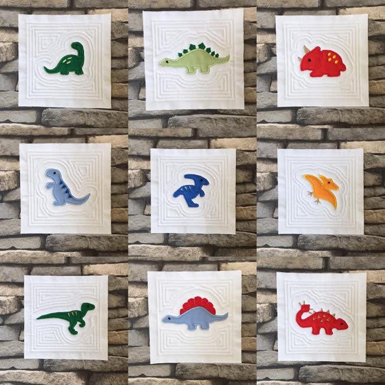 Machine embroidery design, Dinosaur quilt block set, quilt block, dinosaur, ITH, in the hoop, 4x4, 5x5, 6x6, image 1