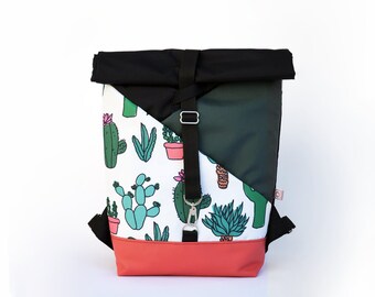 Cactus Laptop backpack- Rolltop- Rolltop backpack- Natural leather- Comfortable backpack- For her- Unisex- With a lot of pockets- Cactus