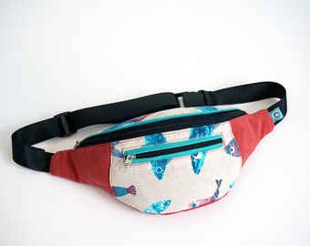 Hip Bag for Her, Belt Bag, Bum Bag, Waist Bag, Festival Bag, Gift for Her, Fishes, Red Hip Bag, Fanny pack, Blue fishes