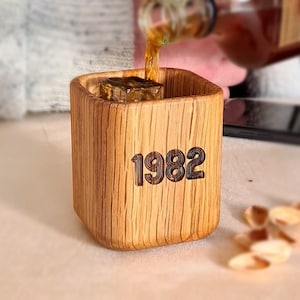 Personalised Year Solid Oak Whiskey Tumbler / Engraved Whisky Glass