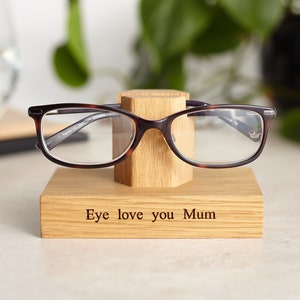 Solid oak glasses stand, engraved with a message of your choice such as 'Eye love you'