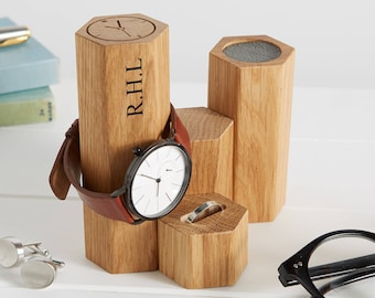 Personalised Wood Hex Jewellery and Watch Stand / Gift For Him / Dad Birthday Gift / Watch Display Stand / Brother Gift / Groom Gift