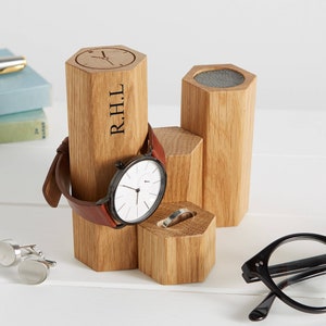 Personalised Wood Hex Jewellery and Watch Stand / Gift For Him / Dad Birthday Gift / Watch Display Stand / Brother Gift / Groom Gift image 1