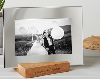 Silver Photo Frame With Personalised Oak Stand / Mother's Day Photo Frame / Silver Wedding Anniversary Gift / Wedding Day Photo Frame