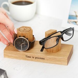 Personalized Oak Glasses and Watch Stand: Engraved Eyeglass Holder