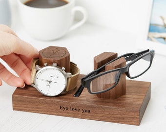 Personalised Walnut Glasses and Watch Stand | Personalized Wristwatch and Eyeglasses Holder | Customized Gift For Her | Custom Mens Gift