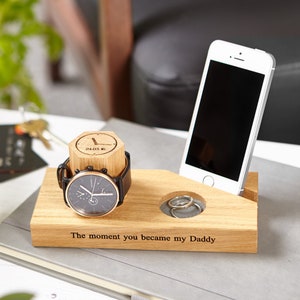 Personalised Solid Oak Time And Date Bedside Watch Stands / Birthday Gift / Watch Display / Dad Gift / Wedding Gift / Gift For Him Watch, dish & slot