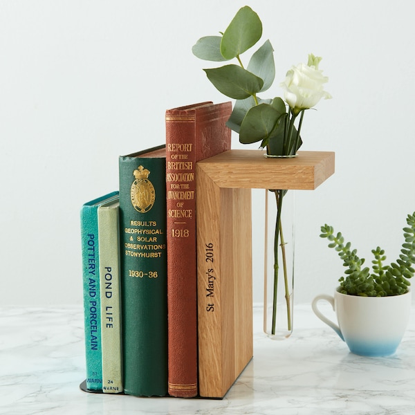 Personalised Solid Oak Bookend with Vase: Bookworm Gift