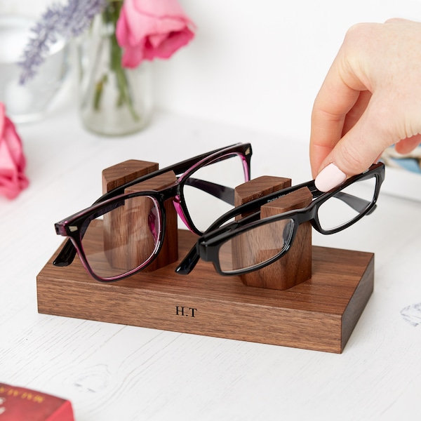 Personalised Walnut Double Glasses Stand, Engraved Eyeglasses Holder