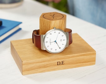 Personalized Single Hex Oak Watch Storage Stand / Personalised Wristwatch Holder / Customised Timepiece Display / Gift For Him