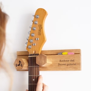 Personalized Oak Guitar Wall Hanger: Asymmetrical Guitar Stand & Pick Holder