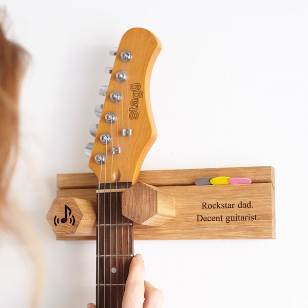 Personalised Electric Guitar Stand & Plectrum Pick Holder / Gift for Music Lovers / Asymmetrical Guitar Wall Hanger / Guitar Display Holder