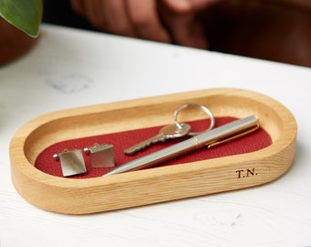 Personalised Oak Storage Stash Tray / Glasses tray / Valet Tray / Coin Dish / Gift For Men / Bedside Wood Jewelry Tray Organizer