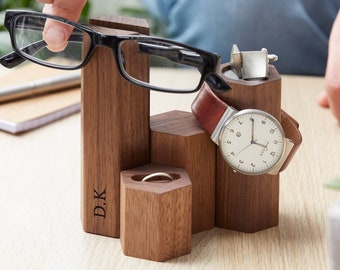 Personalized Walnut Hex Glasses & Jewellery Stand / Dad Gift / Gift for Him / Wood watch stand / Groomsman Gift / Personalised Display Stand