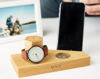 Personalised Oak Bedside Watch And Phone Stand / Tech Gifts / Birthday Gifts for Him / Cellphone Stand / Watch, Ring and Phone Holder