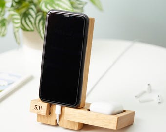 Estación de carga y bandeja de almacenamiento para teléfono de roble personalizada
