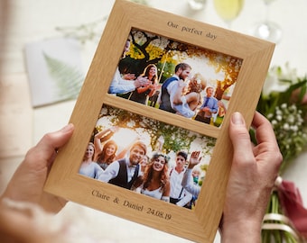Eiche Doppelblende 6 &quot;x4&quot; oder 7&quot;x5&quot; personalisierter Bilderrahmen / Hochzeitsfotorahmen / Geschenke für Paare Rahmen / Split Fotorahmen
