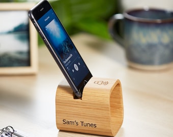 Personalised Oak Phone Stand Speaker, Engraved Music Gift
