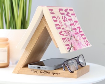 Personalised Book Rest in Solid Oak / Bedtime Book Stand
