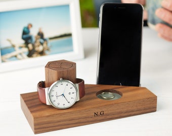 Montre de chevet en noyer personnalisée et support de téléphone / Cadeaux pour les papas / Support de montre / Rangement pour téléphone portable, montre et bague